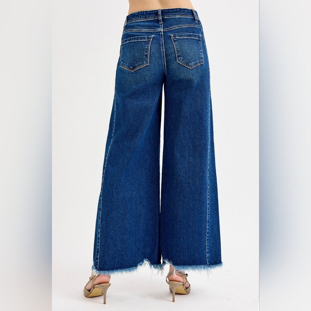 Risen High Rise Ultra Wide Leg Ankle Jeans Raw Frayed Hem Denim Relaxed Fit Pant - Picture 6 of 16